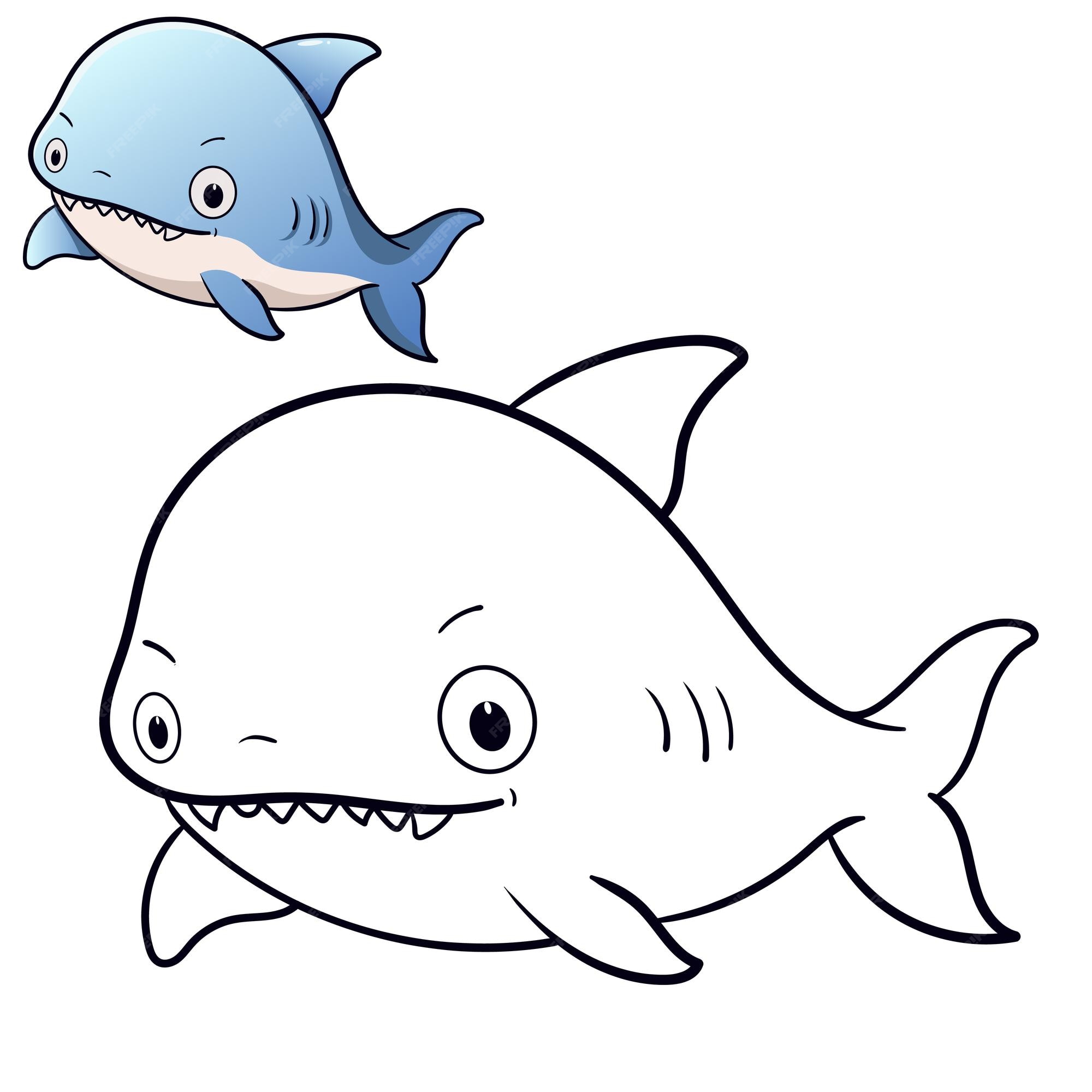 Premium vector cute baby shark coloring page black and white cartoon illustration for coloring books education