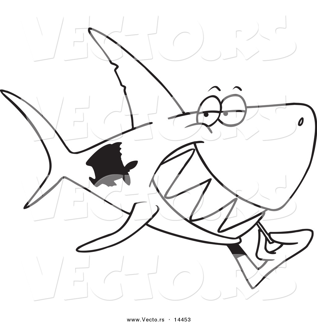 R of a cartoon grinning shark using a toothpick