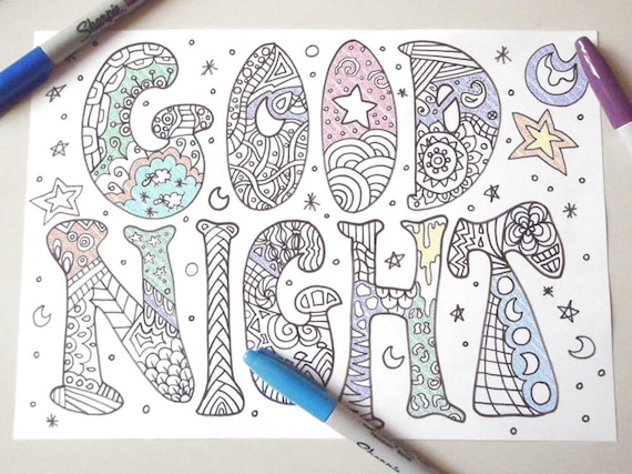 Goodnight coloring book page kids good night insomnia therapy adults instant download colouring meditation printable doodle lasoffittadiste