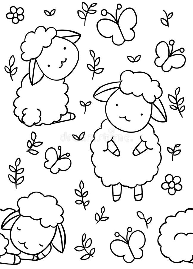 Seamless pattern black and white cute hand drawn sheep and butterfly doodle coloring pages stock vector