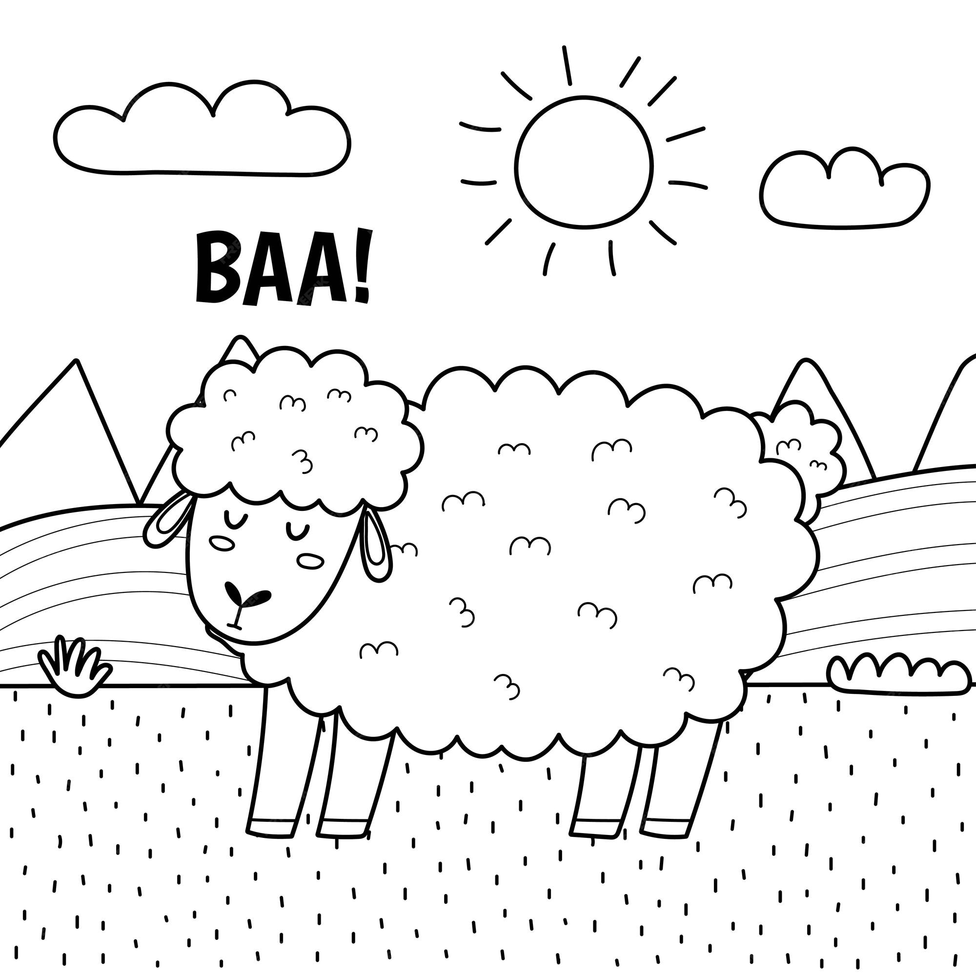 Premium vector a sheep saying baa print in black and white coloring page with cute farm character