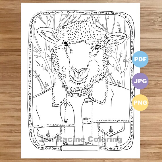 Sheep coloring page animal portrait animal in clothes animal coloring printable coloring pages for adults coloring pages for kids
