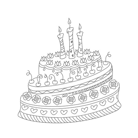 Sketch of monochrome cake for birthday card or children and adult coloring book isolated outline doodle cake with roses cherry and three candles