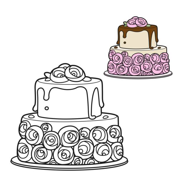 Big tasty cake with roses and chocolate color and outlined for coloring stock illustration