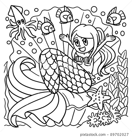 Mermaid sitting in a giant shell coloring page