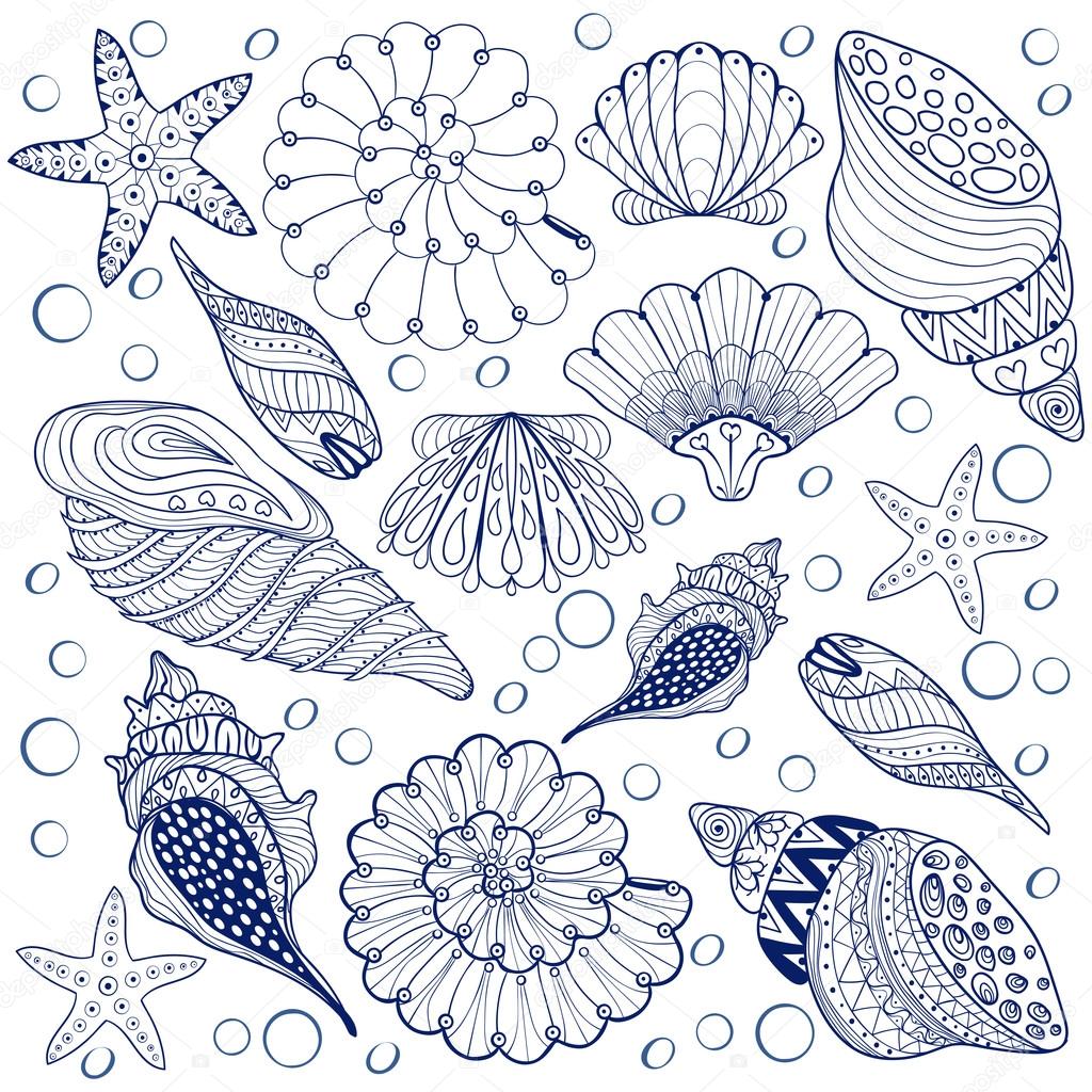 Vector set shells zentangle blue seashells for adult anti stres stock vector by ipanki