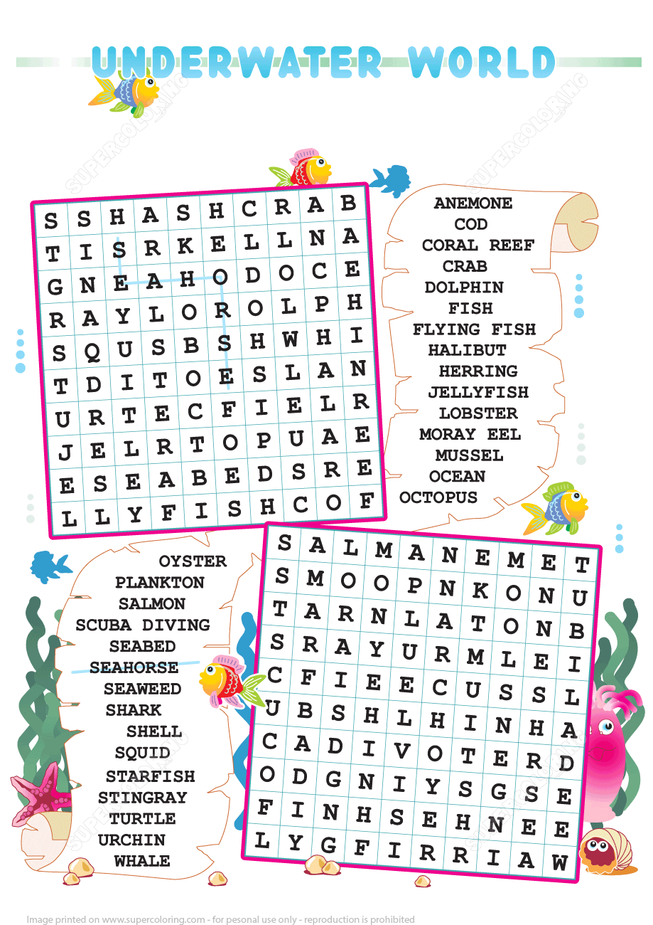 Zigzag word search puzzle with underwater world free printable puzzle games