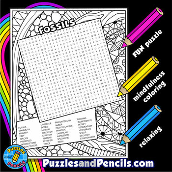 Fossils word search puzzle activity page with coloring national fossil day
