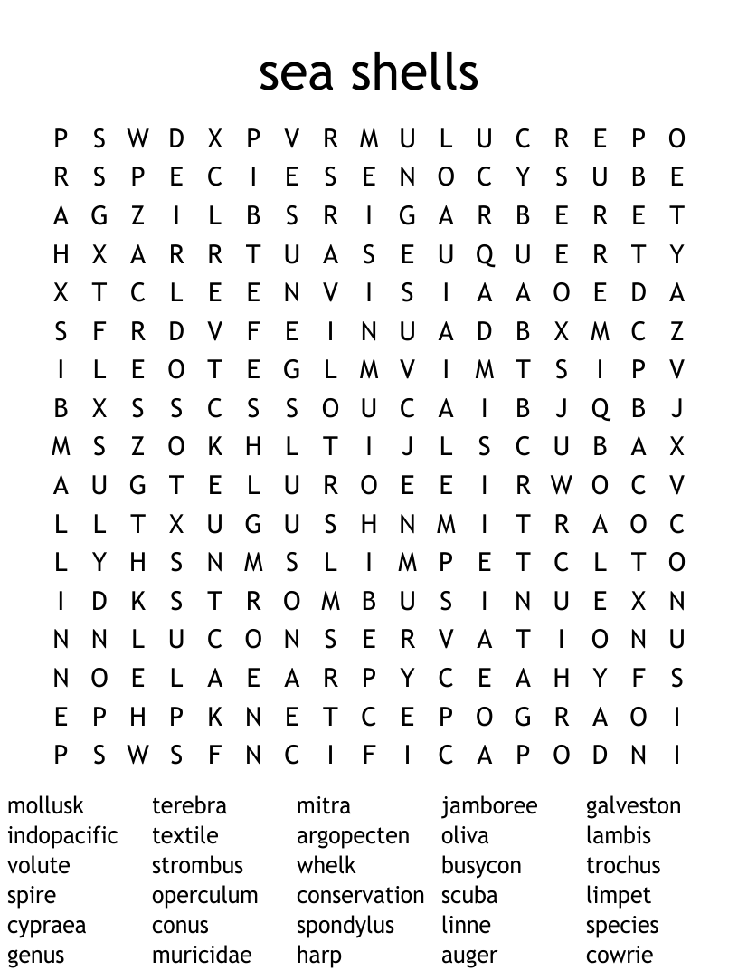 Sea shells word search