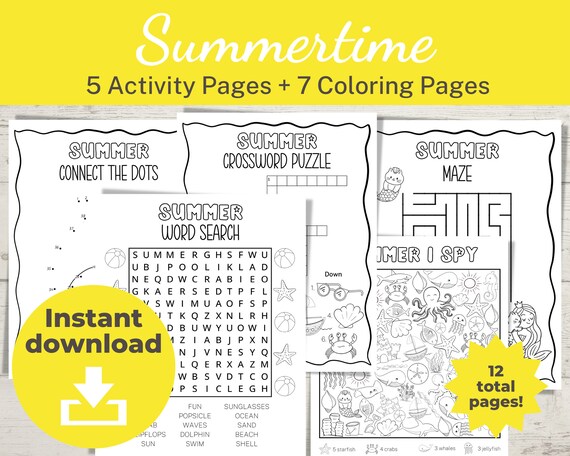 Printable summertime activity pages for kids coloring pages word search maze crossword connect the dots i spy