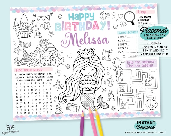 Editable mermaid party placemat printable under the sea birthday coloring page little mermaid activity tablemat princess party games