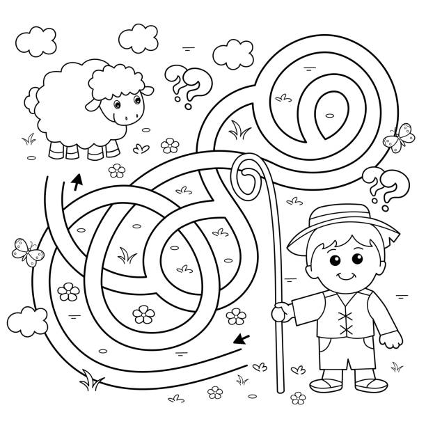 Maze or labyrinth game puzzle tangled road coloring page outline of cartoon shepherd with sheep farm animals coloring book for kids stock illustration