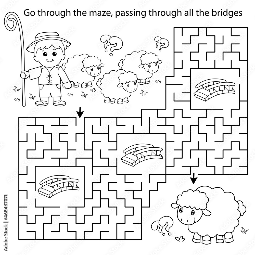 Maze or labyrinth game puzzle coloring page outline of cartoon shepherd with flock of sheep farm animals coloring book for kids vector