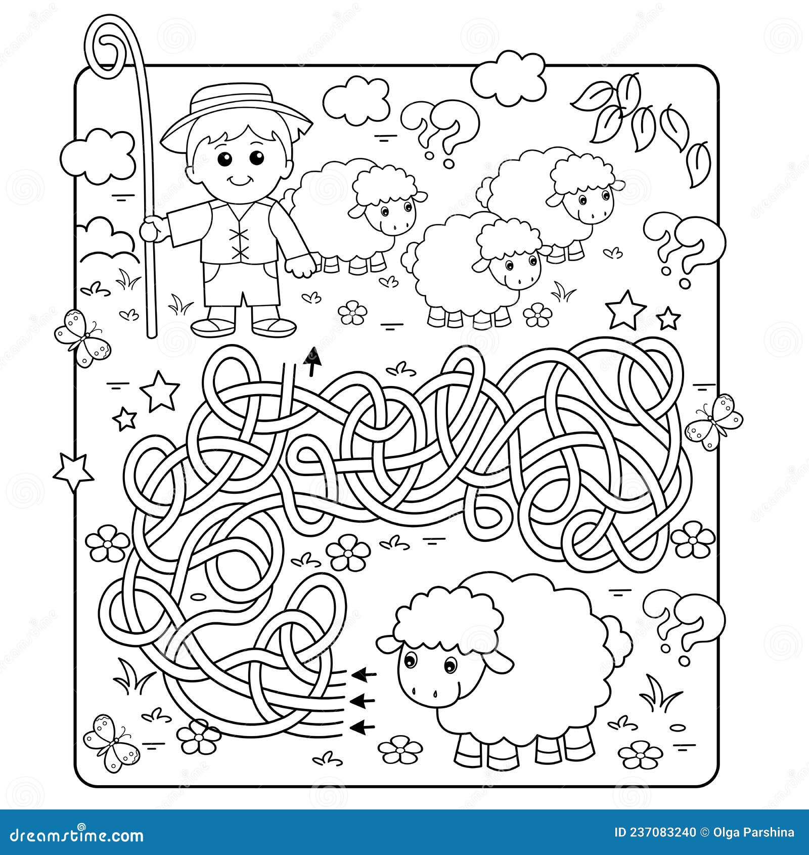Maze or labyrinth game puzzle tangled road coloring page outline of cartoon shepherd with flock of sheep farm animals stock vector