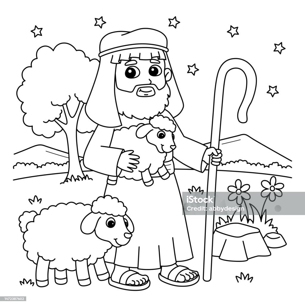 Christian shepherd coloring page for kids stock illustration