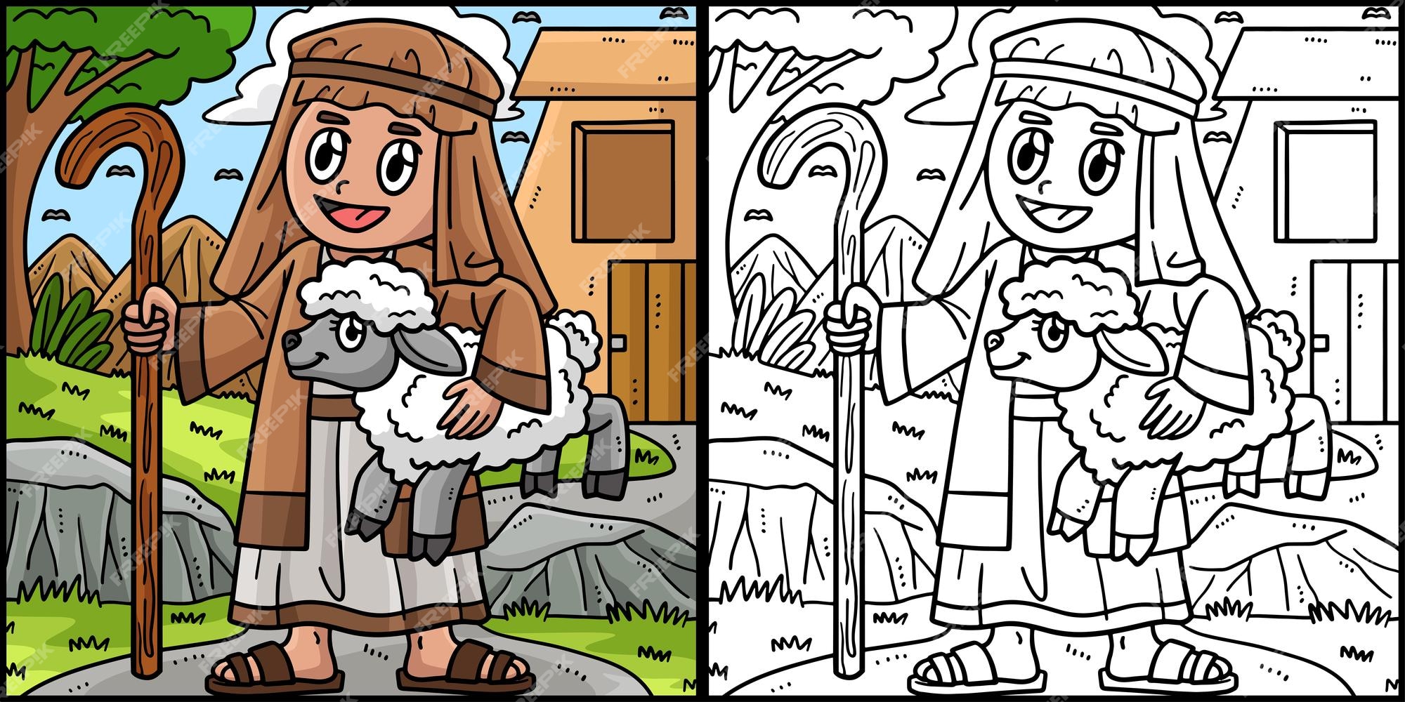 Premium vector this coloring page shows a christian shepherd sheep one side of this illustration is colored and serves as an inspiration for children