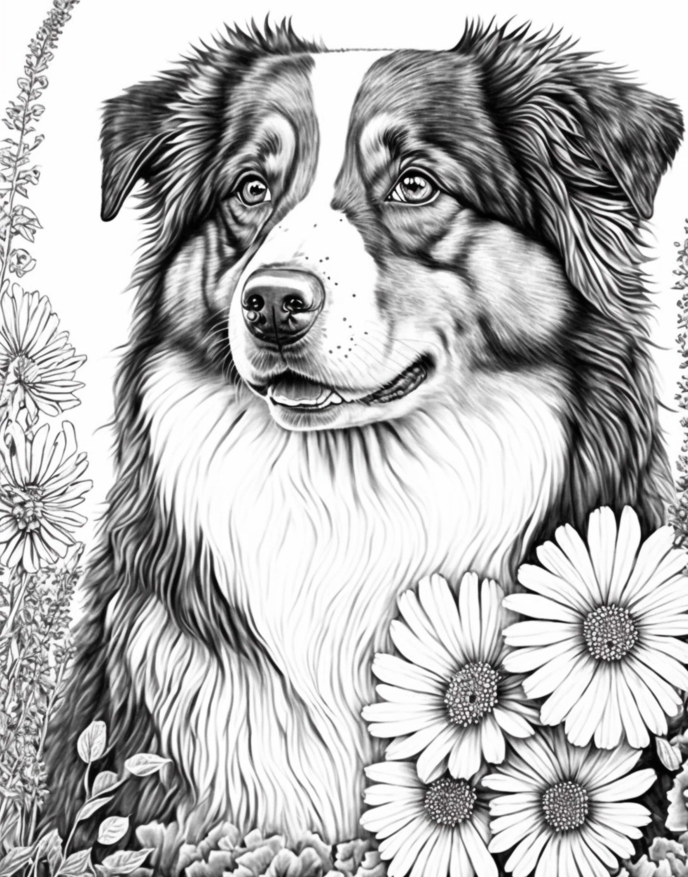 Australian shepherd adult coloring sheet ai generated coloring page of an aussie shephard with flowers instant download