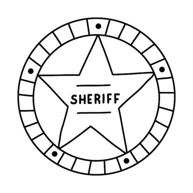 Premium vector sheriff badge doodle in the star shape with hand drawn outline cute emblem of western police sign of law security and justice wild west and cowboy symbol with shields