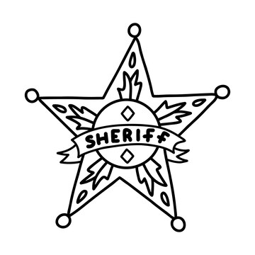Premium vector sheriff badge doodle in the star shape with hand drawn outline cute emblem of western police sign of law security justice wild west and cowboy symbol with golden elements