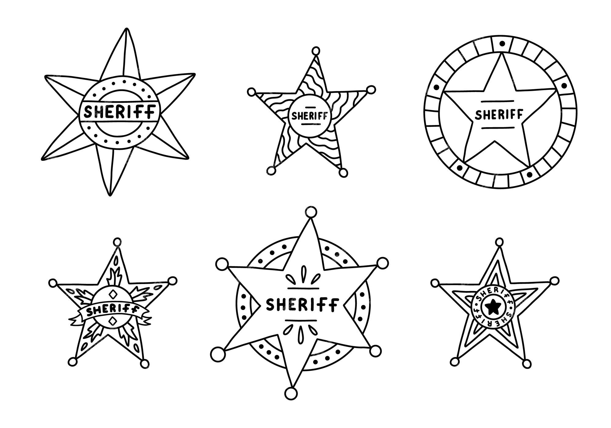 Premium vector doodle set of sheriff badges in cartoon cute style with hand drawn outline symbol of western police sign of law security justice wild west and cowboy sign with shields