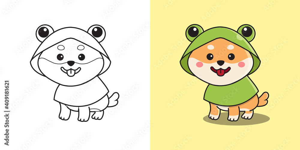 Cute shiba inu wearing frog costume raincoat children coloring page flat style cartoon vector design vector