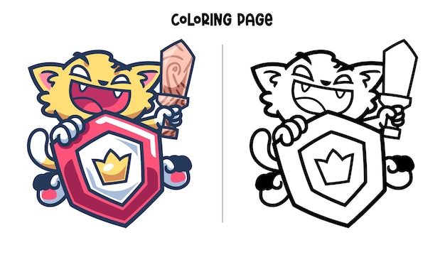 Premium vector the knight cat with shield coloring page