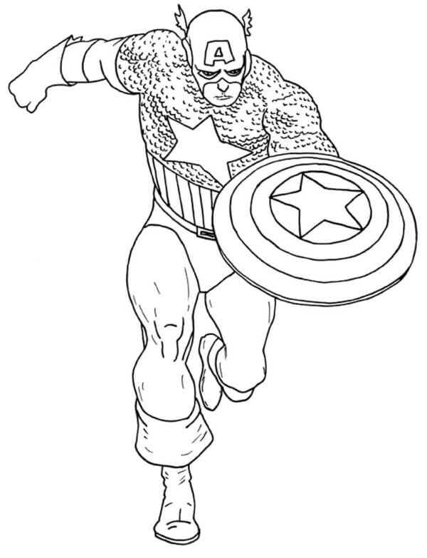 Captain america holding a running shield coloring page