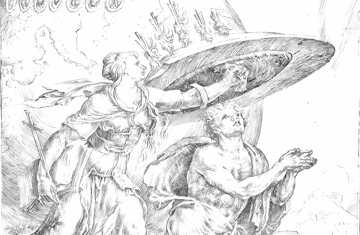Man protected by the shield of faith by maarten van heemskerck