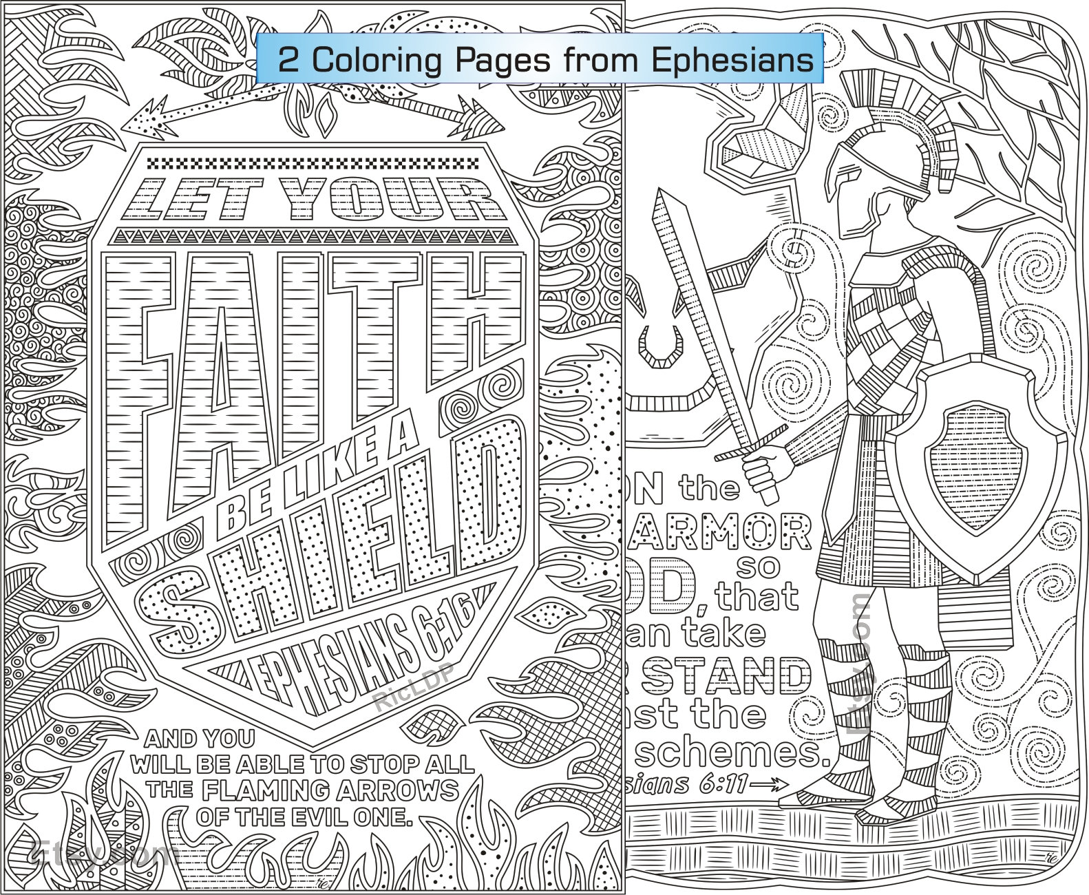 Two bible coloring pages ephesians and gods warrior sword shield flame evil digital download download now