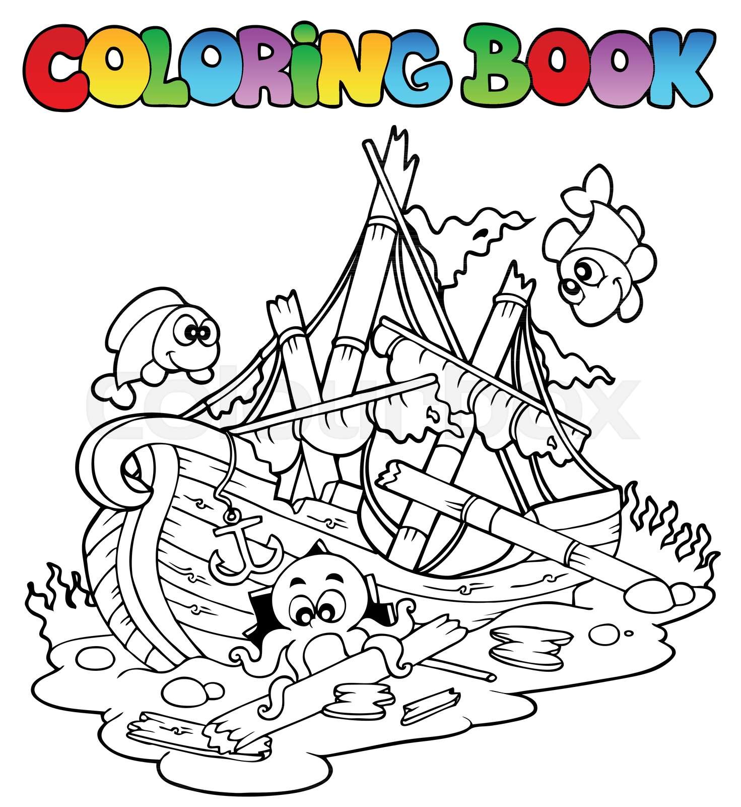 Coloring book with shipwreck stock vector
