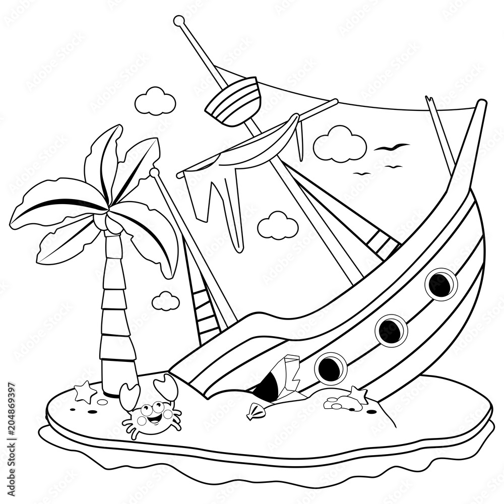 Shipwreck on an island vector black and white coloring page vector