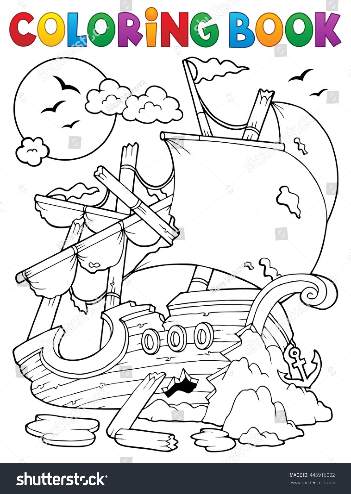 Coloring book shipwreck rocks eps vector stock vector royalty free