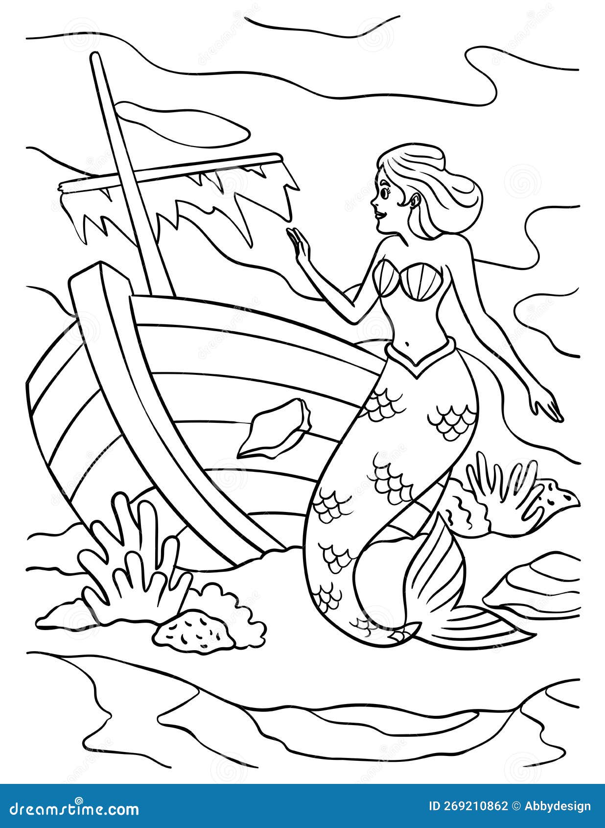 Mermaid and shipwreck coloring page for kids stock vector