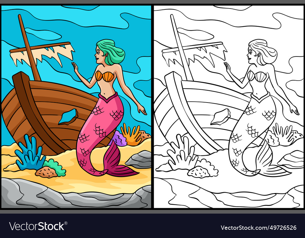 Mermaid and a shipwreck coloring page royalty free vector