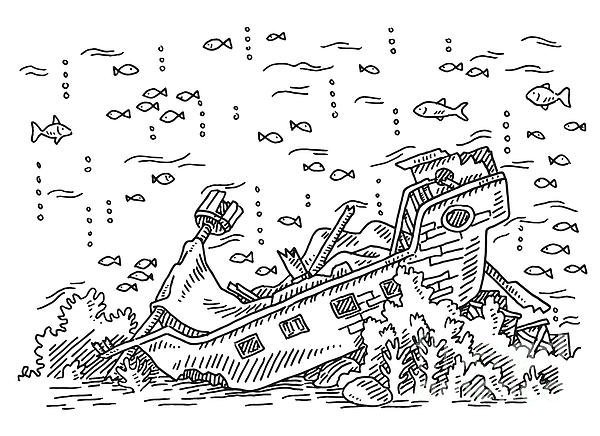 Sunken ship underwater scene drawing beach towel by frank ramspott