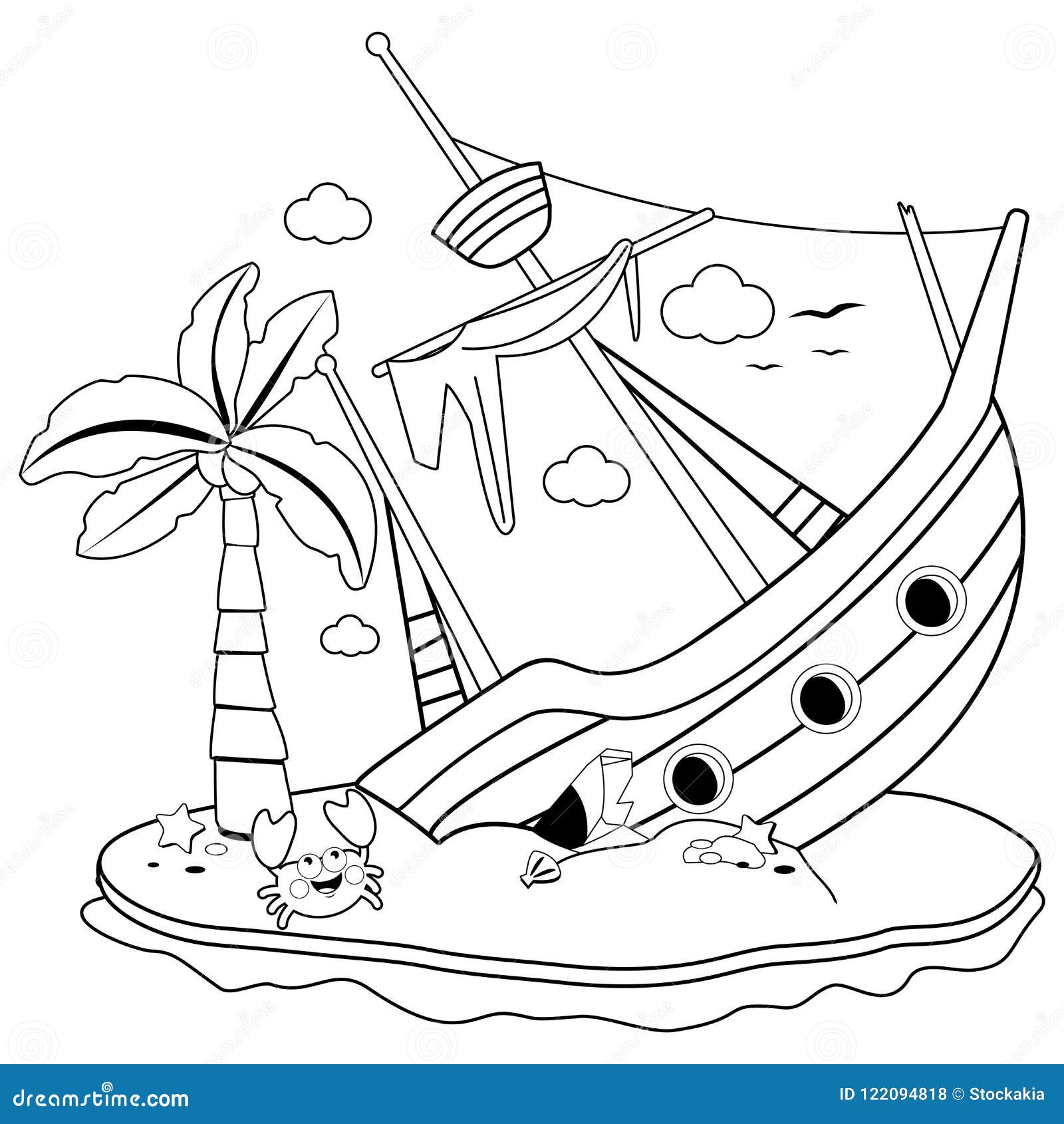 Shipwreck on an island vector black and white coloring page stock vector