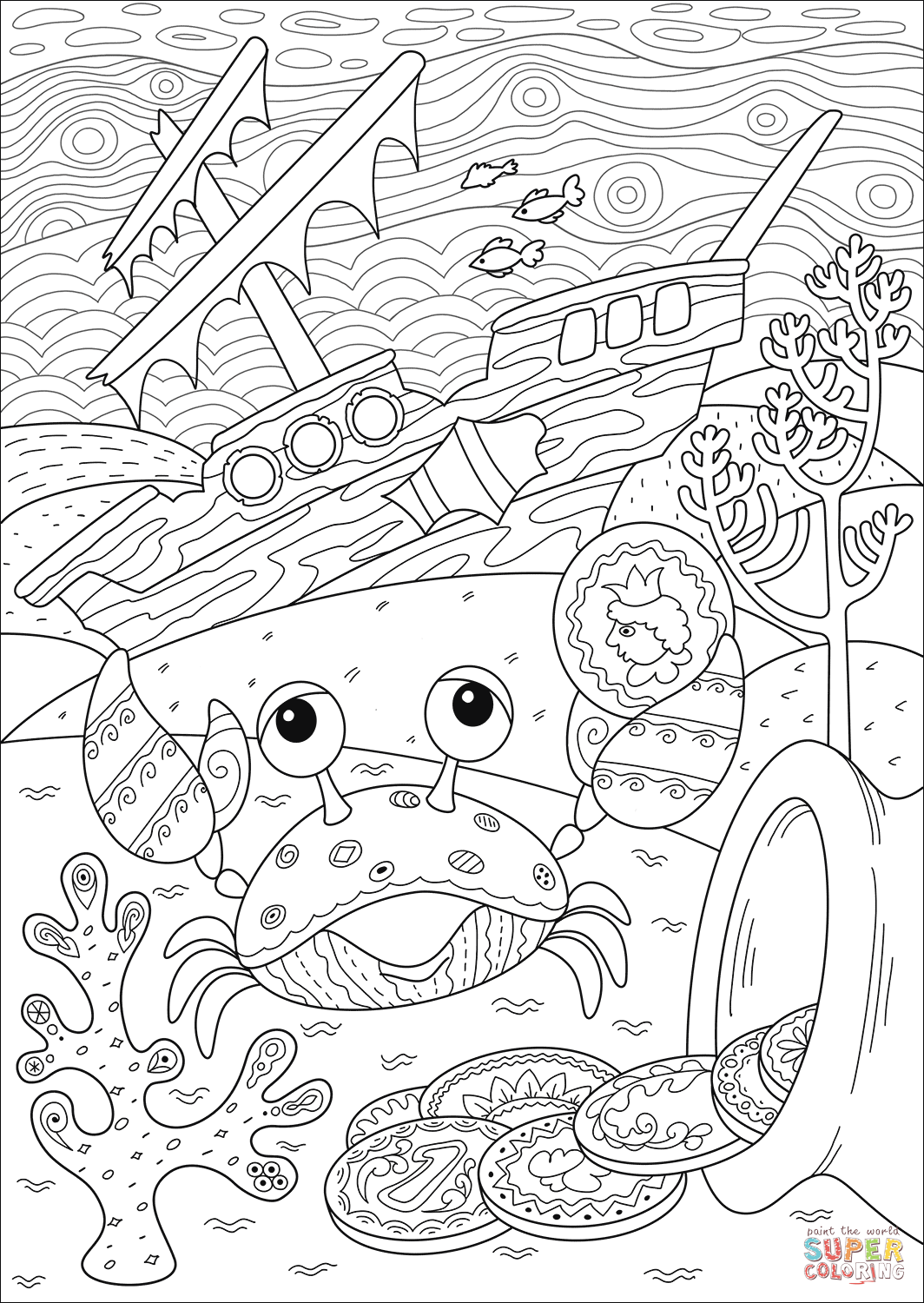 Crab found treasure near sunken ship coloring page free printable coloring pages