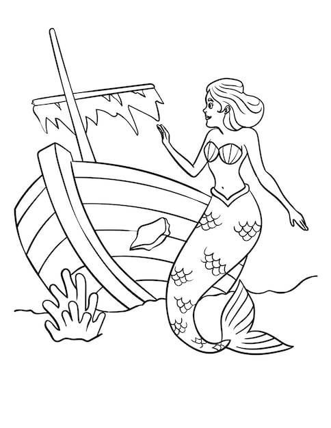 Premium vector mermaid and shipwreck isolated coloring page