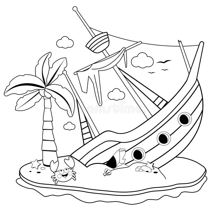 Shipwreck on an island vector black and white coloring page stock vector