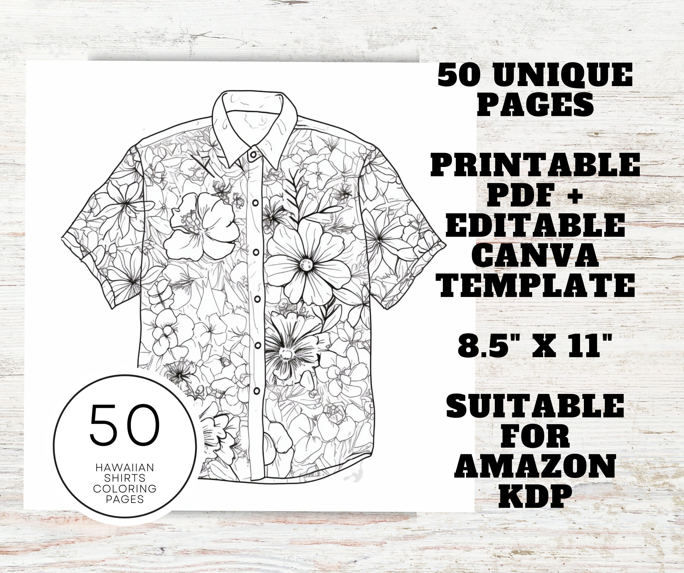 Kdp interior hawaiian shirts coloring pages x printable pdf canva template kids and adults floral botanical coloring pages instant download
