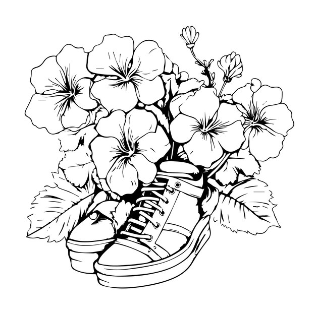 Premium vector blooming in shoe coloring page