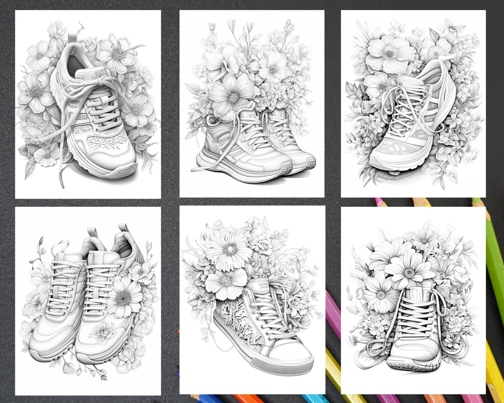Flower sneakers grayscale coloring pages printable for adults pdf â coloring