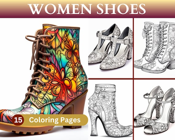 Women shoes coloring pages shoes fashion shoe art high heels grayscale adults coloring book instant download printable pdf file