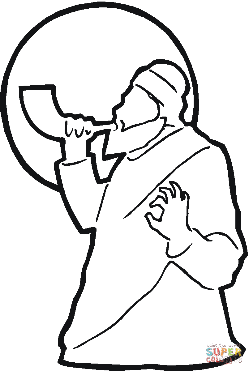 Man is blowing shofar near the moon coloring page free printable coloring pages