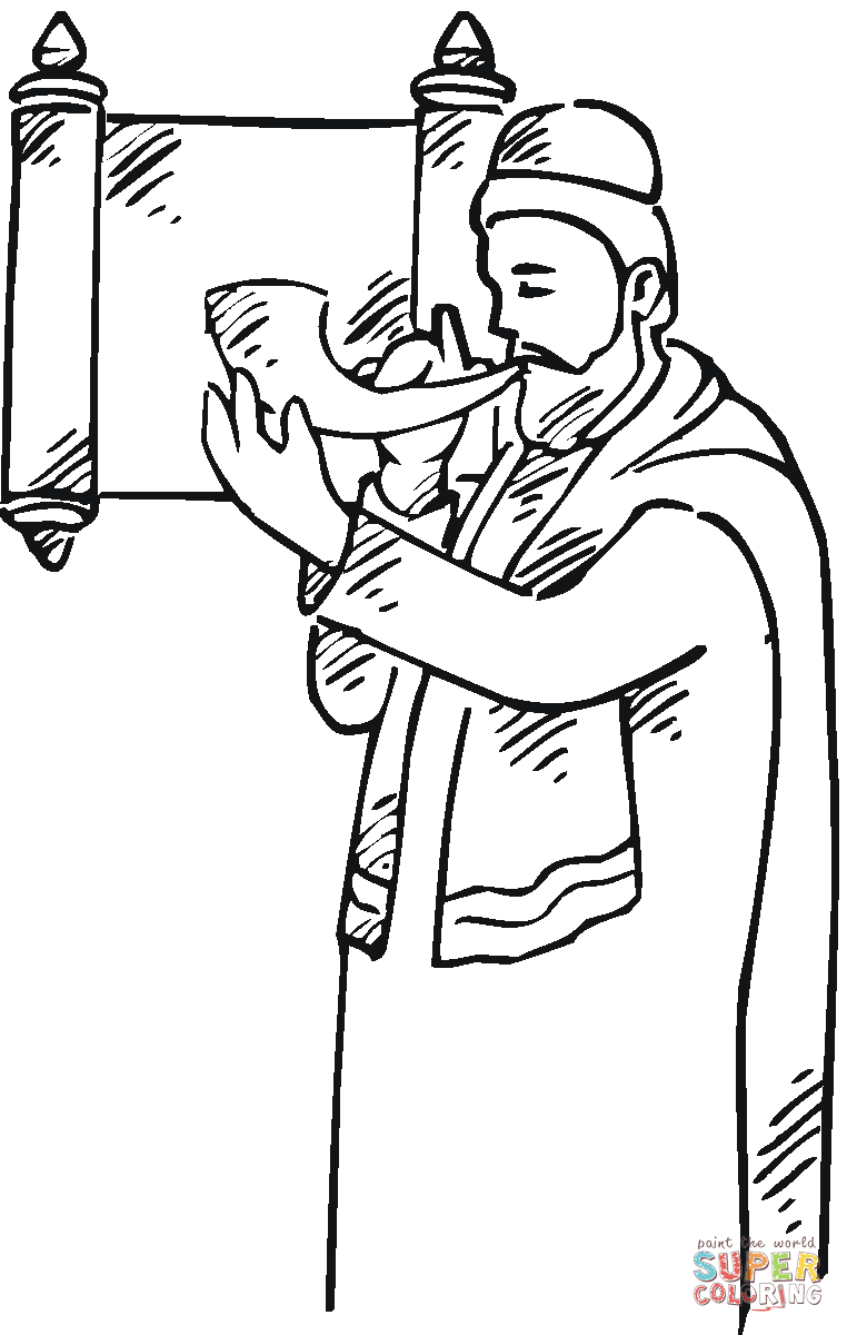 Man with a shofar near scroll coloring page free printable coloring pages