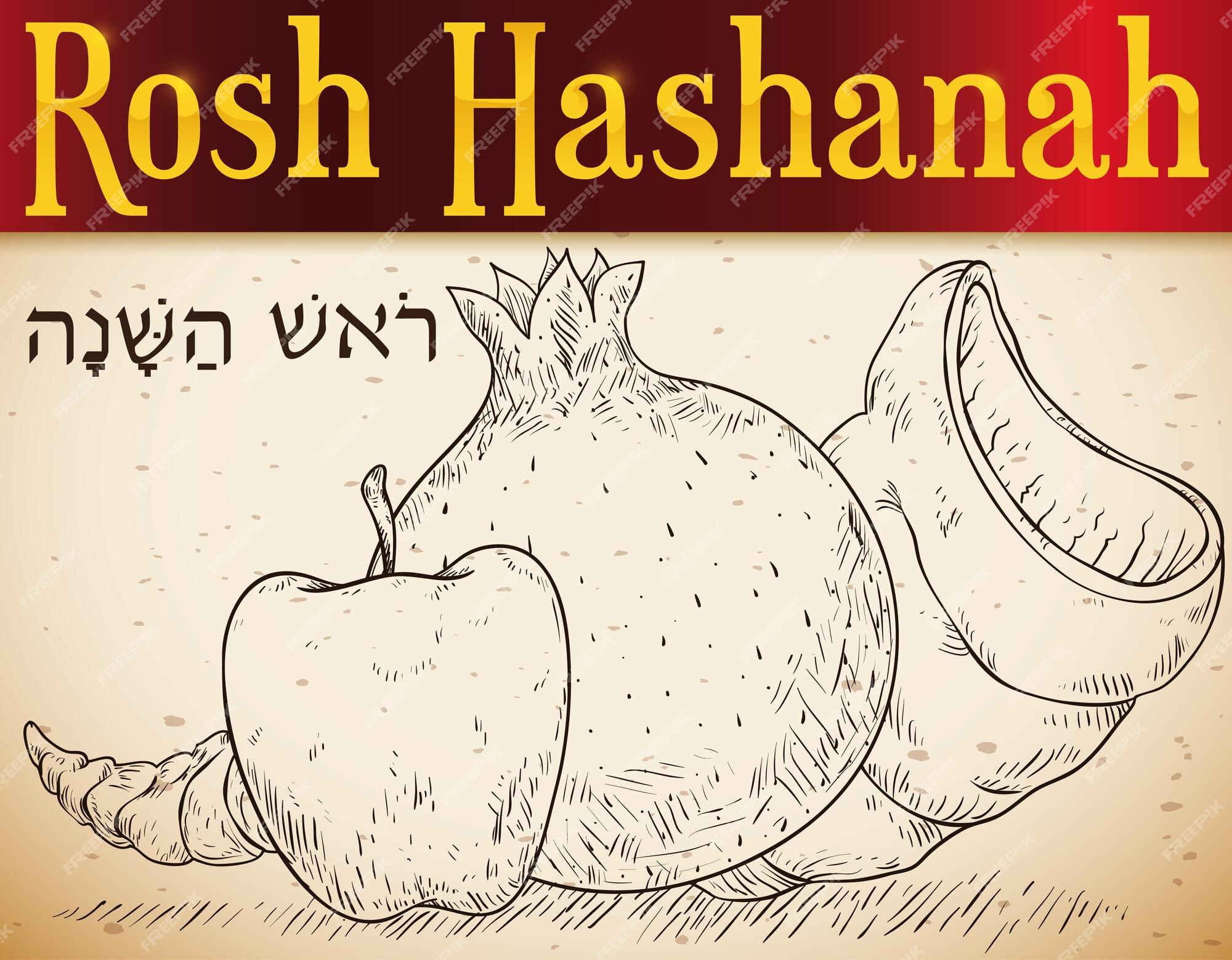 Premium vector hand drawn design of elements for rosh hashanah or jewish new year pomegranate apple and shofar horn