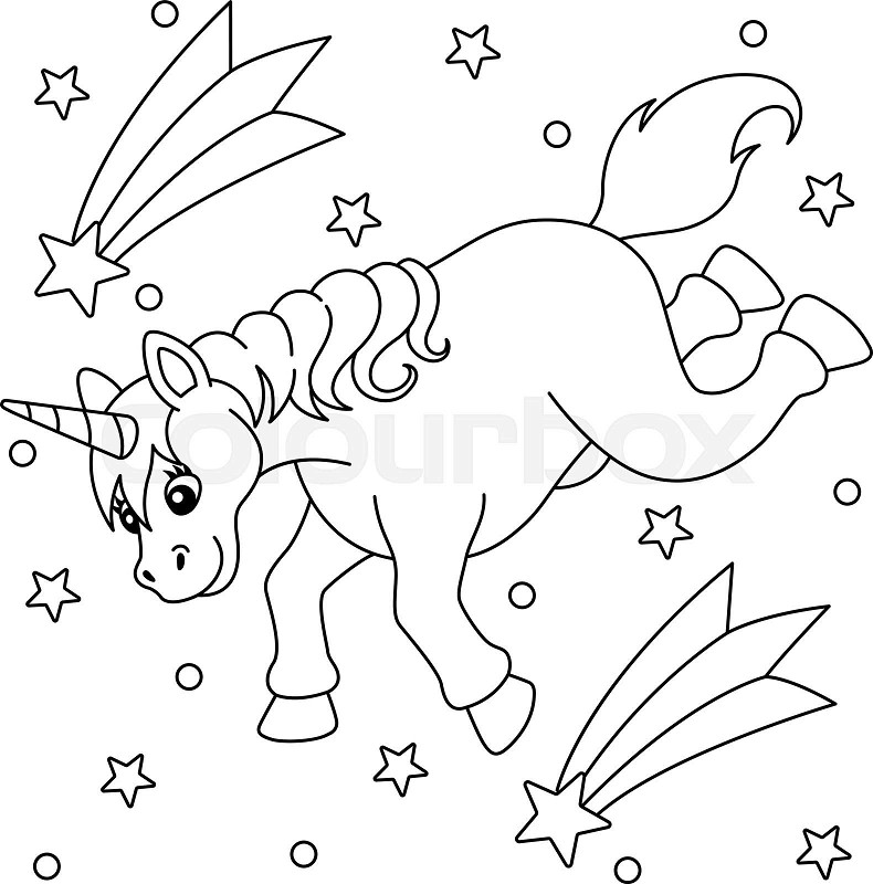 Falling unicorn and shooting star coloring page stock vector