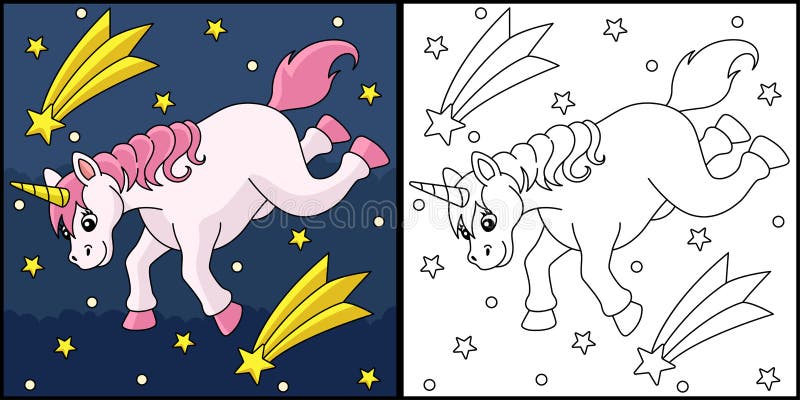 Falling unicorn and shooting star coloring page stock vector