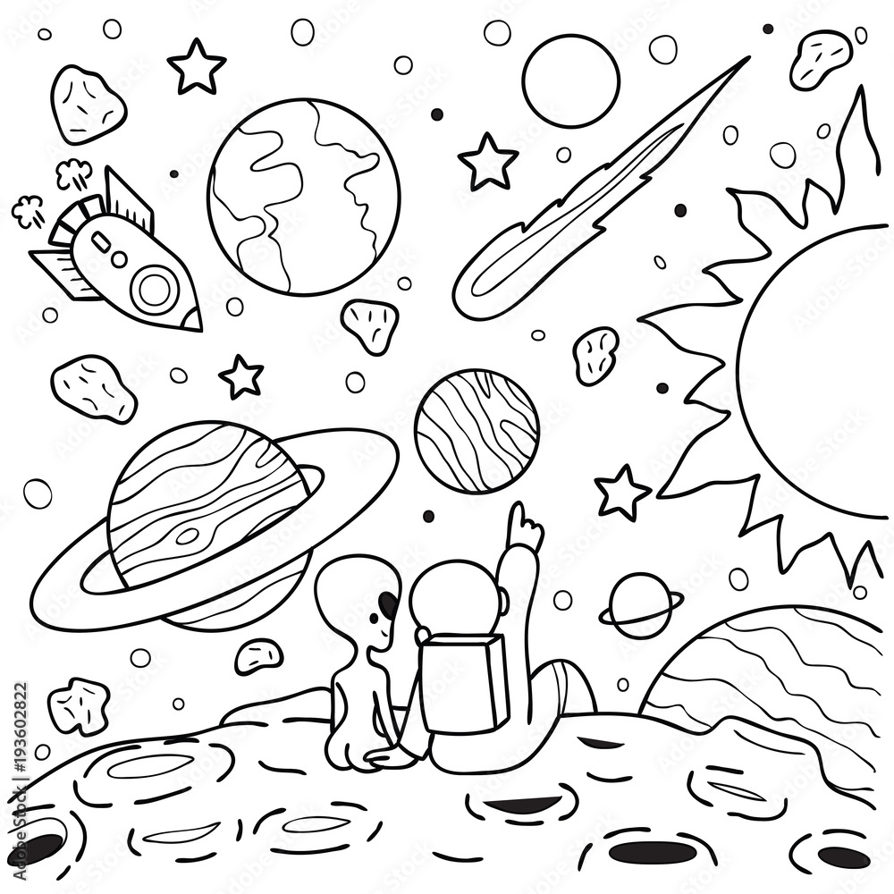 Astronaut and alien gf sitting on mars watching shooting star together design for design element and coloring book pagevector illustration vector