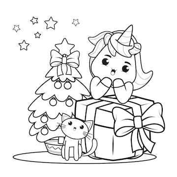 Premium vector christmas coloring book with cute unicorn